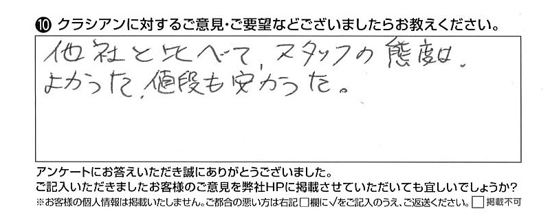 クラシアンに対するご意見『他社と比べて、スタッフの態度はよかった。値段も安かった。』