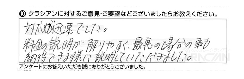 対応が迅速でした。料金の説明が解りやすく、最悪の場合の事も納得できる様に説明していただきました。