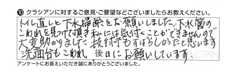 トイレ直しと下水掃除をお願いしました。下水管のこわれを見つけていただき、私には気付くことができませんので大変助かりました。技術もすばらしかったと思います。洗面台もこわれ、後日にお願いしています。